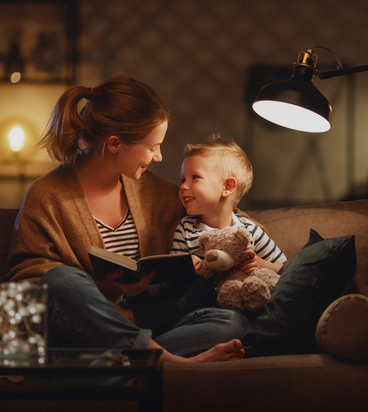 Cozy bedtime story with mom and child