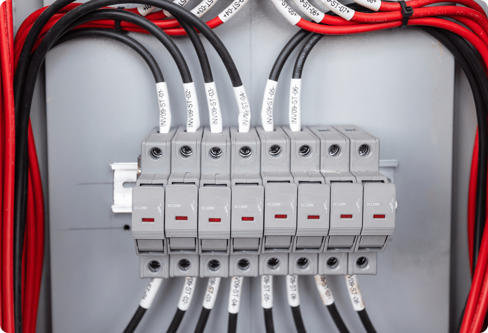 Close-up of circuit breakers and wires